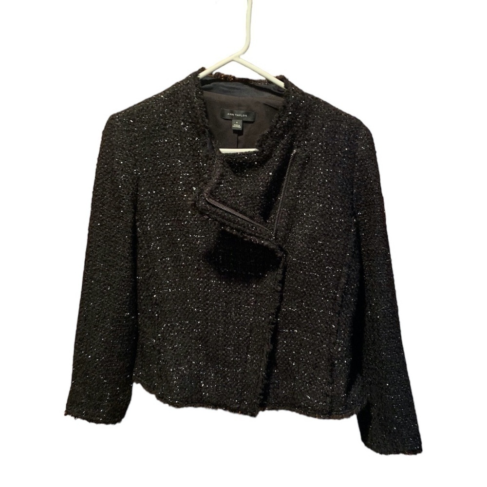 Ann Taylor Moto Style Tweed Blazer with Fringe in Black Size 6
